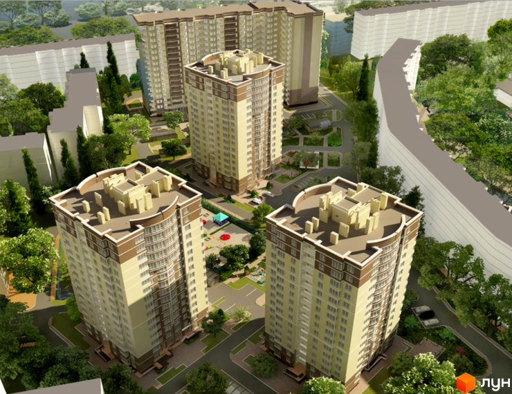 Житловий комплекс SunCity - три висотних будинки з коричнево-жовтим фасадом та прибудинковою територією з деревами та дитячим майданчиком.