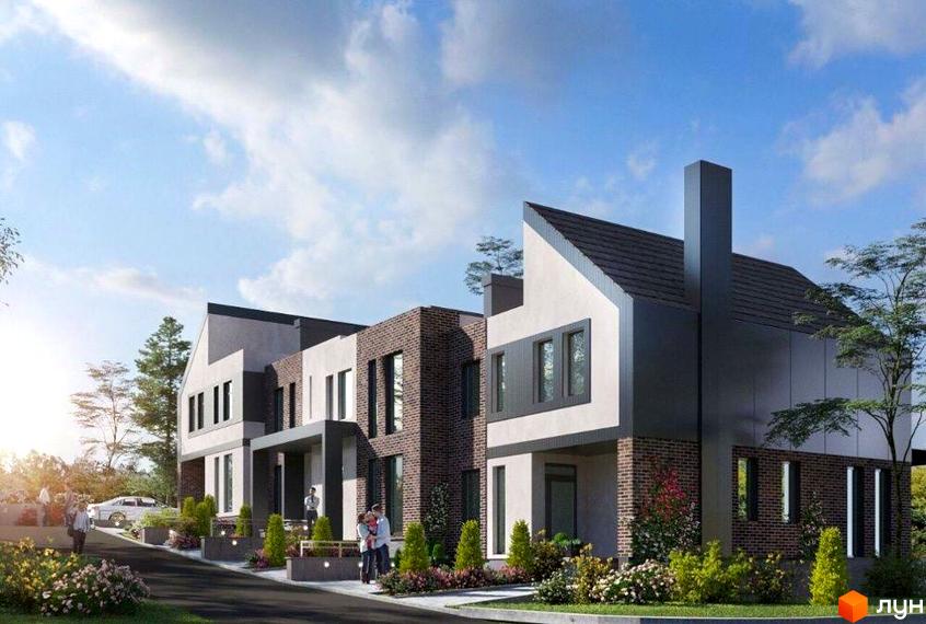 Таунхаус Prestige House з цегляним фасадом та великими вікнами, оточений доглянутим ландшафтом з деревами та квітами.