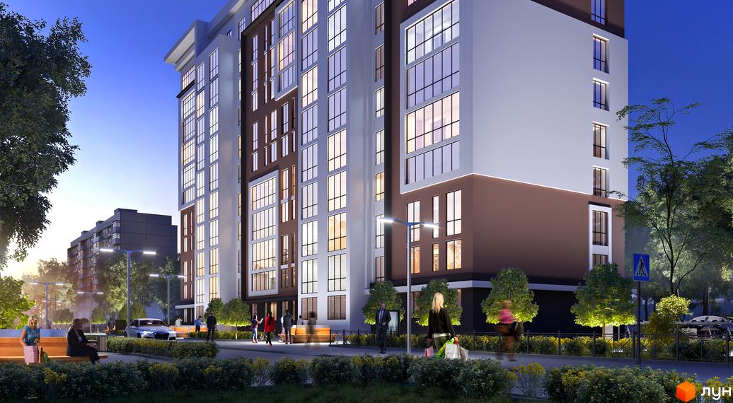 Зовнішній вигляд житлового комплексу Комфорт з великою кількістю вікон та коричневими елементами фасаду. На прибудинковій території розташовані дерева та лавки.