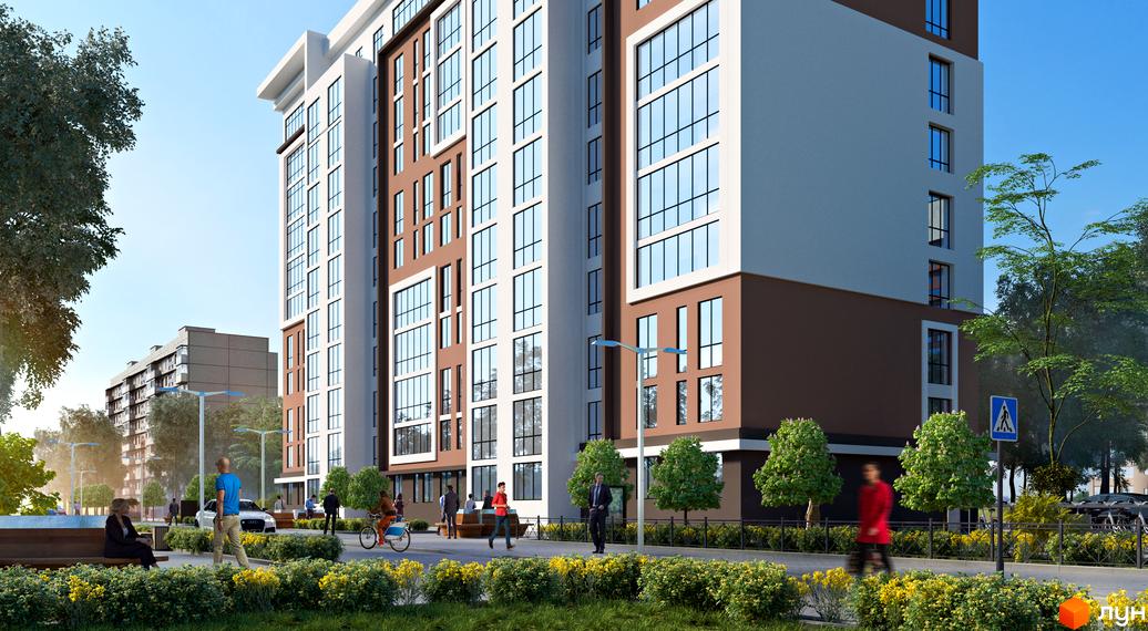 Зовнішній вигляд новобудови ЖК Комфорт з коричневими та білими фасадами, великими вікнами та доглянутою прибудинковою територією з деревами та квітами.