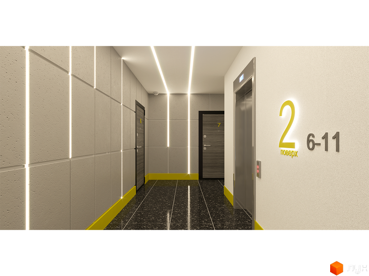 Інтер'єр поверху Житлового комплексу Шенген з ліфтом та вказівником поверху. Коридор з дверима та освітленням.