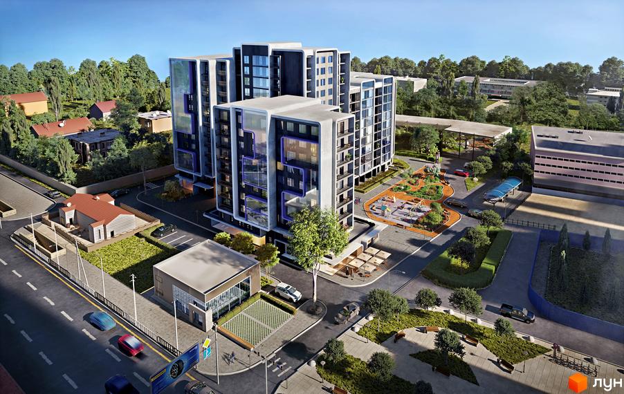 Житловий комплекс Resident Hall з сірими фасадами та синіми акцентами, дитячим майданчиком та зеленими зонами.