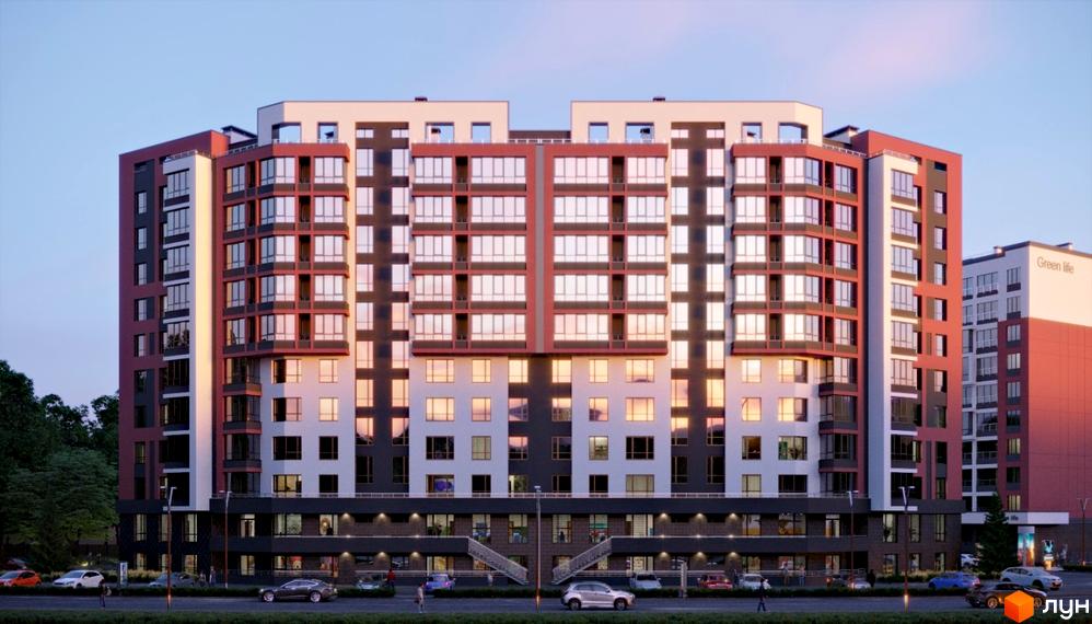 Фасад житлового комплексу Green Life-3 з великою кількістю вікон та балконів. Навколо будинку розташована прибудинкова територія з дорогою та автомобілями.