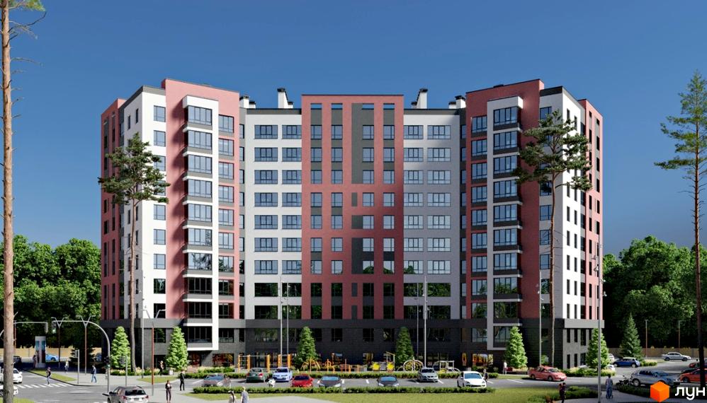 Зовнішній вигляд житлового комплексу Green Life-3 з фасадами в рожевих, сірих та білих тонах. Навколо будинку розташовані дерева та облаштована прибудинкова територія з дитячим майданчиком.