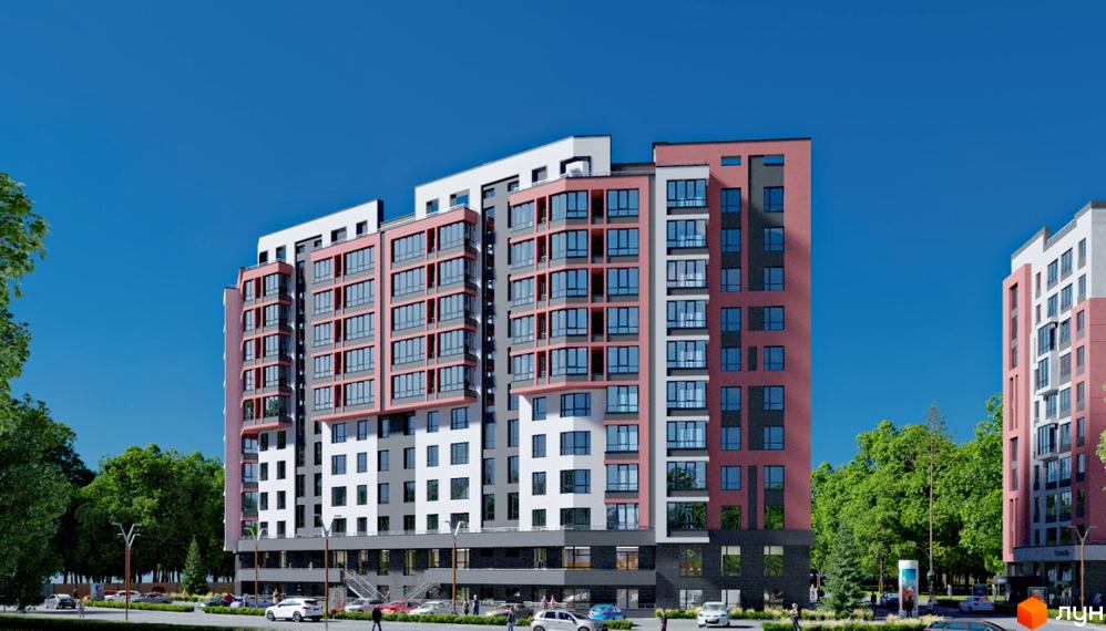 Житловий комплекс Green Life-3: багатоповерхова новобудова з рожево-сірими фасадами та численними вікнами. Навколо зелені дерева та облаштована територія.