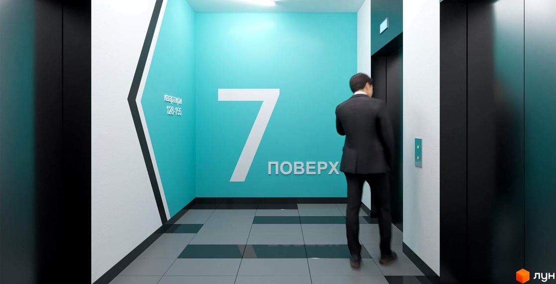 Житловий комплекс Dibrova Park: інтер'єр поверху з великою цифрою 7, вказівниками квартир 128-155 та ліфтами.