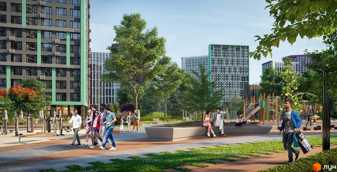 Комплекс Dibrova Park: багатоповерхові будинки з темно-сірими фасадами та зеленими акцентами. Прибудинкова територія з зеленими зонами, лавками, майданчиками.