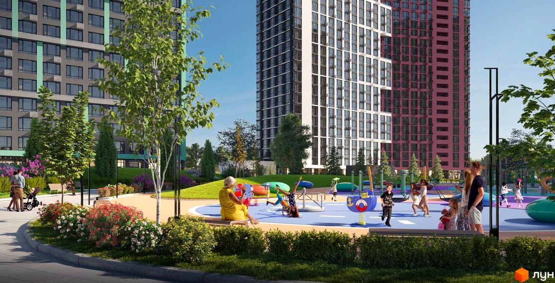 Багатоповерхові будинки Житлового комплексу Dibrova Park сірого, білого та червоного кольорів. Поруч розташований дитячий майданчик з ігровим обладнанням та зелені насадження.