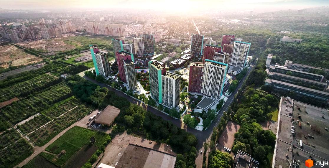 Аерофото Житлового комплексу Dibrova Park з висотними будинками різних кольорів та облаштованою прибудинковою територією з зеленими насадженнями.