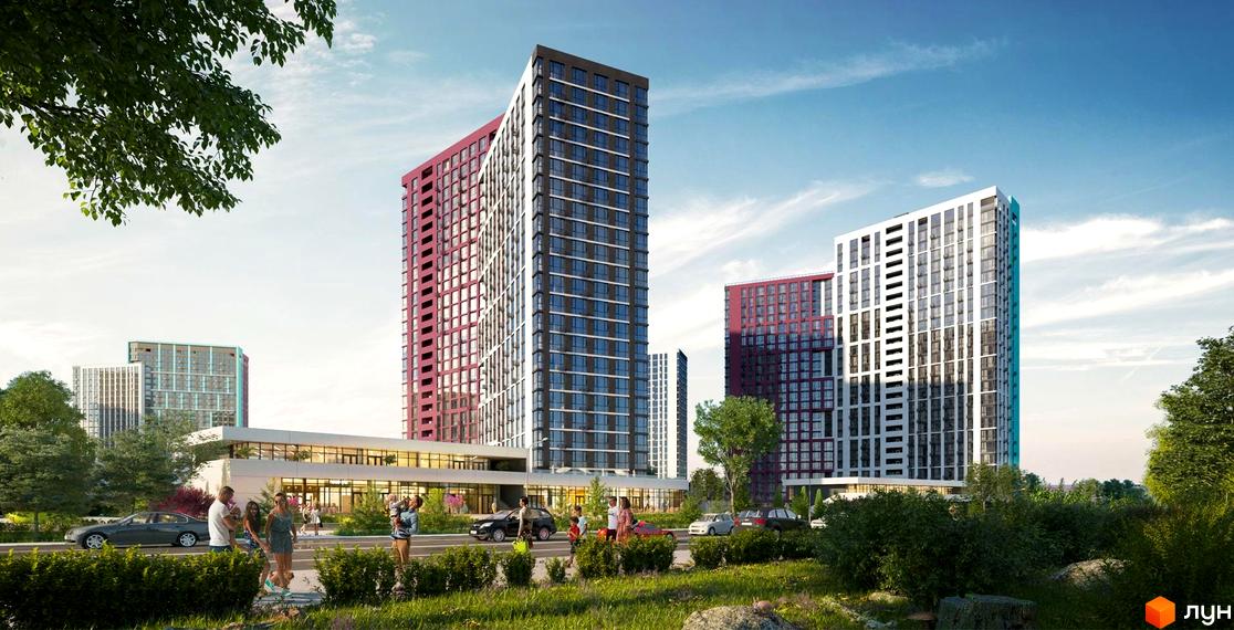 Новобудова Dibrova Park: висотні будинки з фасадами червоного, сірого та білого кольорів, оточені зеленою територією та пішохідними зонами.