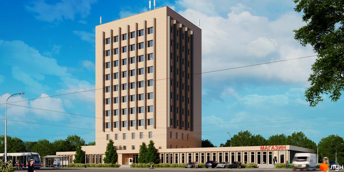 Житловий комплекс Панорама - це висотна будівля з світлим фасадом та великою кількістю вікон, розташована поруч з магазином та зупинкою громадського транспорту.