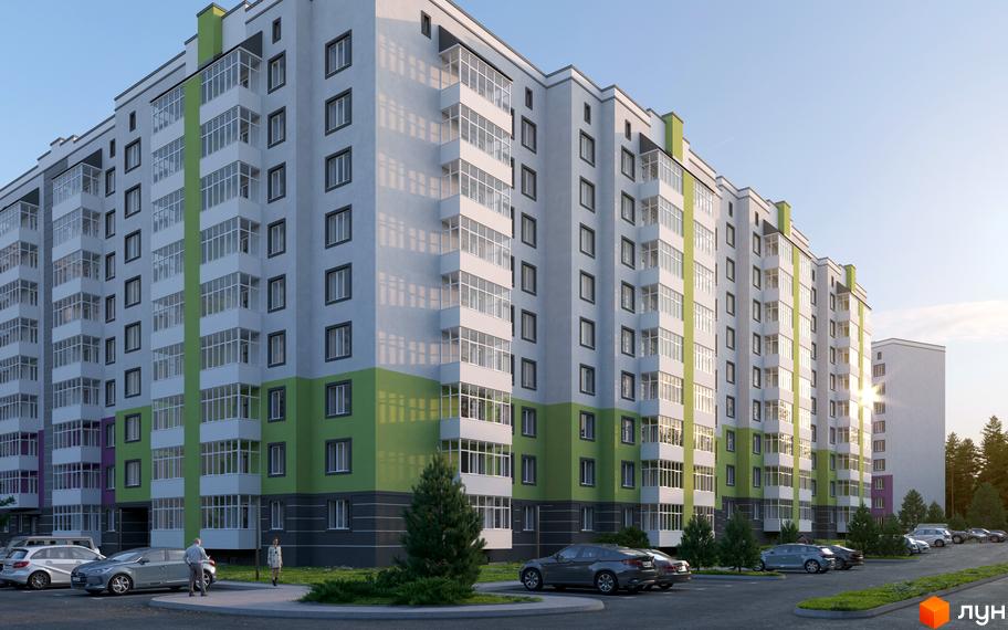Зовнішній вигляд житлового комплексу на Михайла Гориня, 2, з багатоповерховими будинками та прибудинковою територією з парковкою та деревами. Комплекс має біло-зелене оздоблення фасадів та скляні балкони.