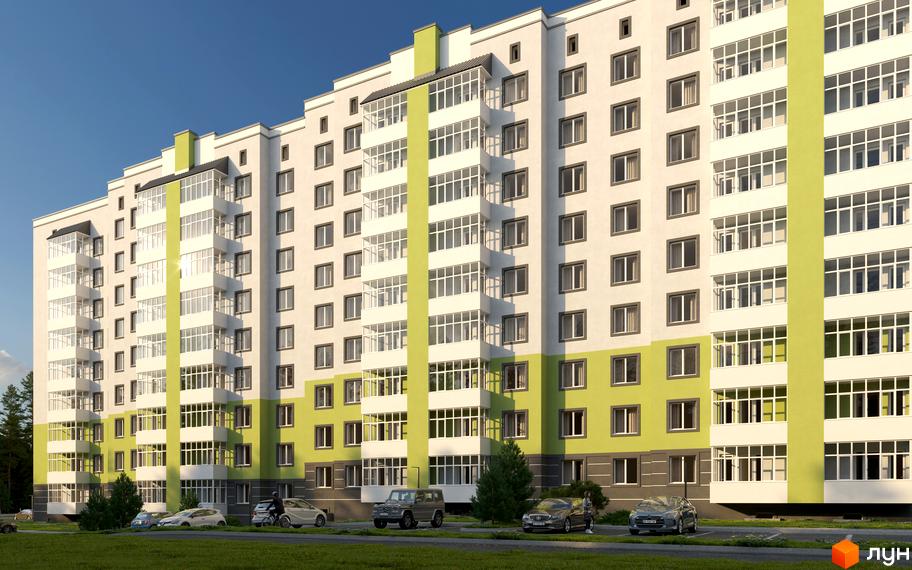 Зовнішній вигляд новобудови ЖК на Михайла Гориня, 2 з зеленими та білими фасадами, заскленими балконами та прибудинковою територією з автомобілями.
