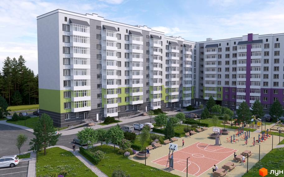 Новобудова ЖК на Михайла Гориня, 2 з сірими та зеленими фасадами, балконами та прибудинковою територією зі спортивними майданчиками та зонами відпочинку.