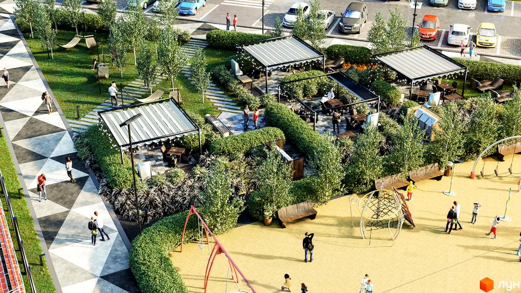 Прибудинкова територія Житлового комплексу Respublika з зеленими насадженнями, зонами відпочинку під перголами та дитячим майданчиком.