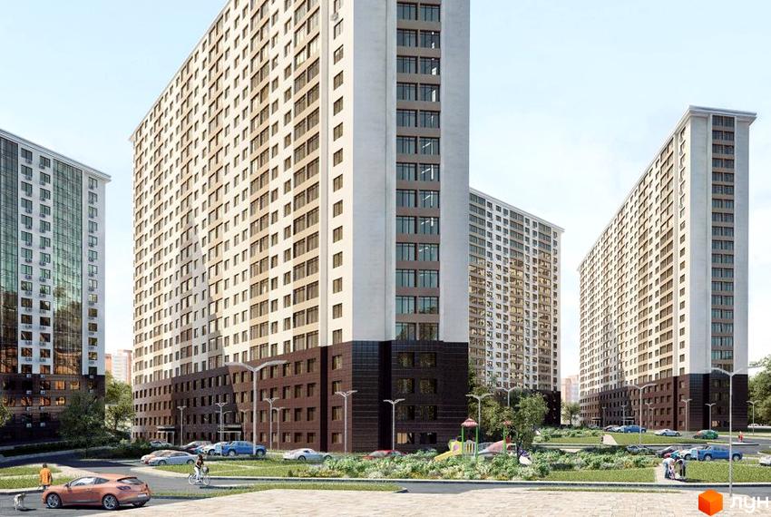 Житловий комплекс П'ятдесят четверта перлина - висотні будинки з світлими фасадами та темними цоколями, зелена прибудинкова територія з дитячим майданчиком та автомобілями.