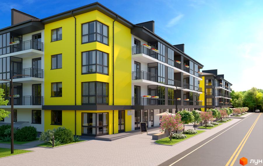 Житловий комплекс Італійський – фасади будівель з жовтими та білими елементами, балконами та великими вікнами. Прибудинкова територія з деревами та тротуаром.