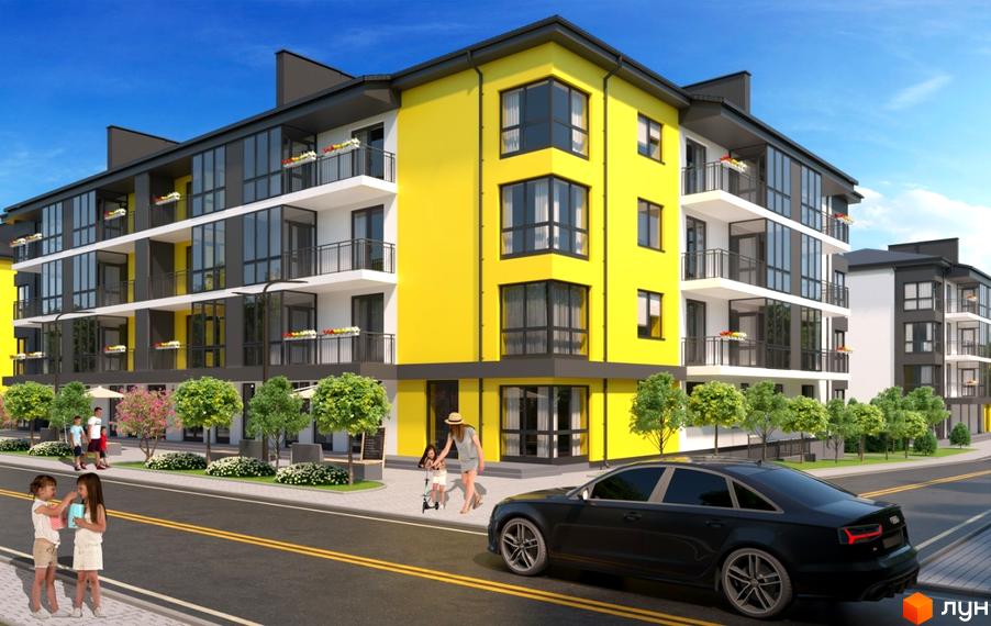 Житловий комплекс Італійський: яскрава жовто-сіра новобудова з балконами та панорамними вікнами. Поруч дитячий майданчик та зелені насадження.