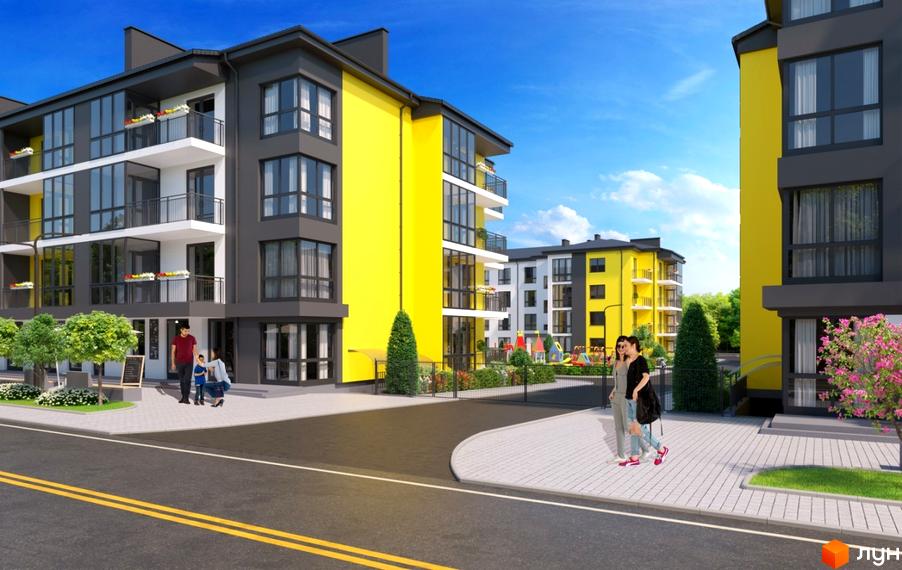 Зовнішній вигляд новобудови ЖК Італійський з жовтими та сірими фасадами, балконами та вікнами. Прибудинкова територія з дитячим майданчиком та зеленими насадженнями.