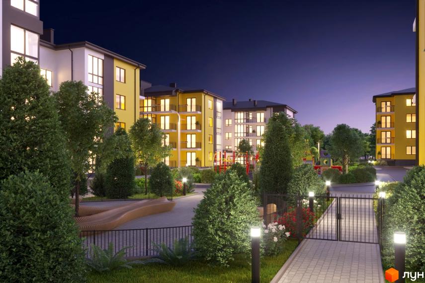 Житловий комплекс Італійський з жовтими фасадами та балконами, освітленим подвір'ям з дитячим майданчиком та ландшафтним дизайном.