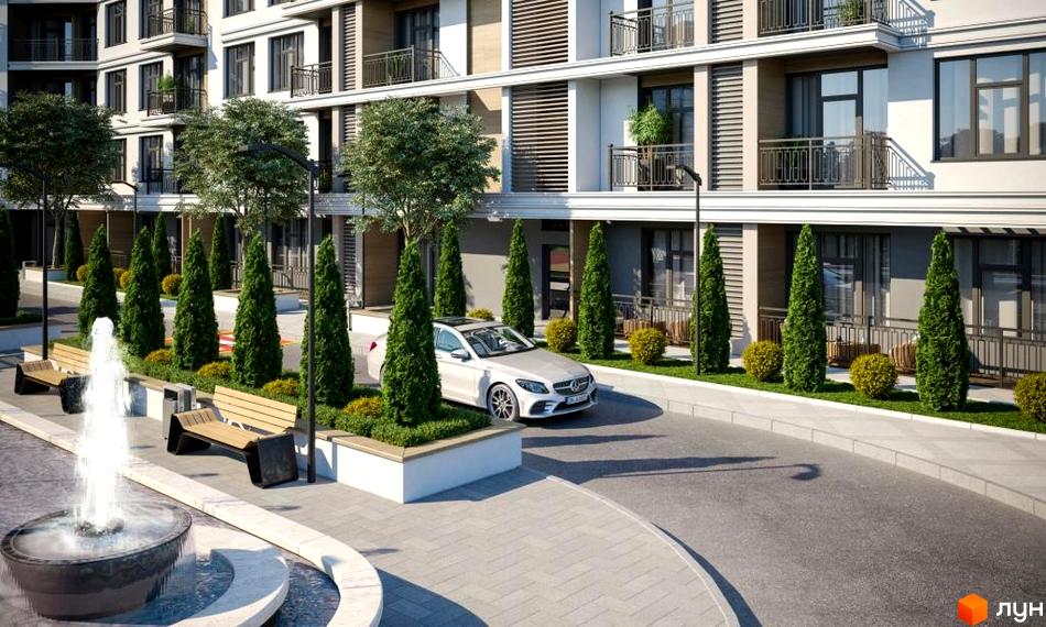 Житловий комплекс MARINIST residence: багатоповерховий будинок зі світлими фасадами та балконами. Прибудинкова територія з фонтаном, деревами та лавками.