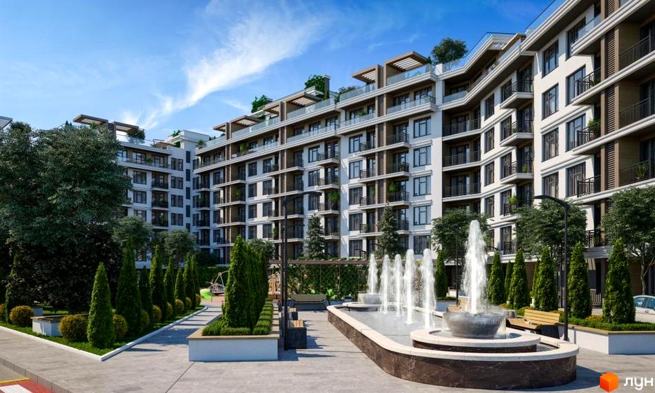 Житловий комплекс MARINIST residence: багатоповерховий будинок світлого кольору з балконами. Прибудинкова територія з фонтаном, зеленими деревами та доріжками.