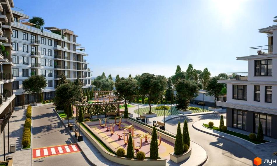Житловий комплекс MARINIST residence: багатоповерхові будинки зі світлими фасадами та балконами, розташовані серед зелених зон з доріжками та майданчиком для спорту.