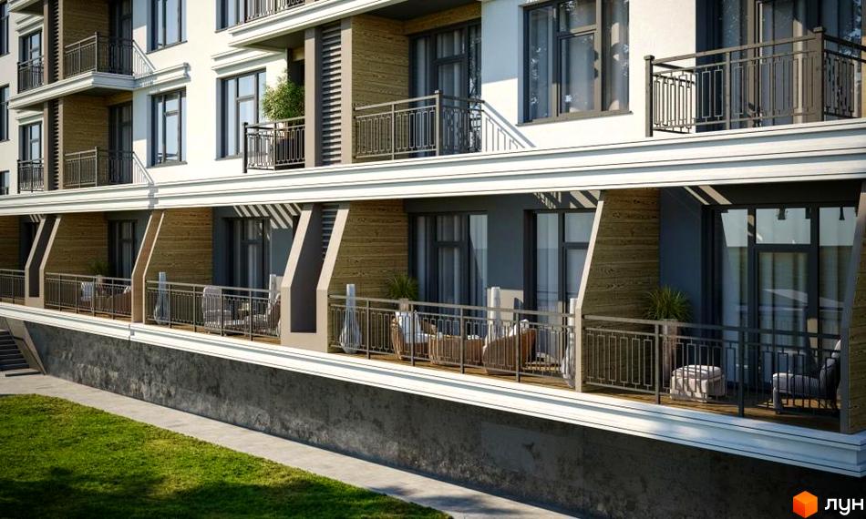 Житловий комплекс MARINIST residence з балконами, оздобленими деревом та металевими огорожами, що виходять на зелений газон.