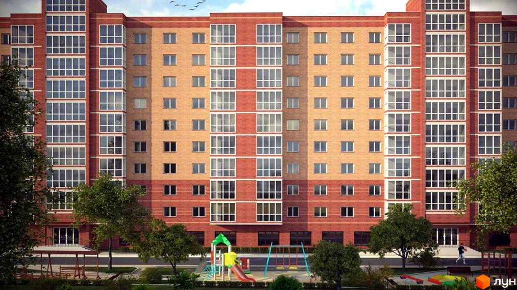 Висотна будівля ЖК Прем'єр з цегляним фасадом. На прибудинковій території дитячий майданчик та зелені насадження.