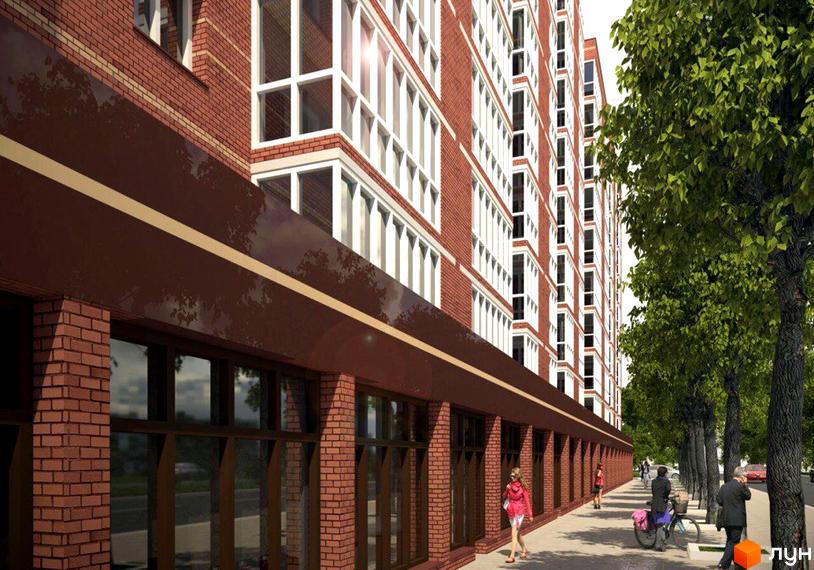 Зображення фасаду будинку ЖК Прем'єр з цегляною кладкою. На передньому плані тротуар з людьми та деревами.