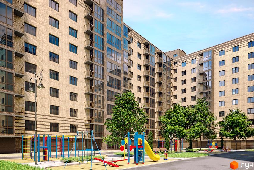 Зображення фасаду Новобудови Прем'єр з великими вікнами та балконами. На передньому плані дитячий майданчик з гіркою та гойдалками.