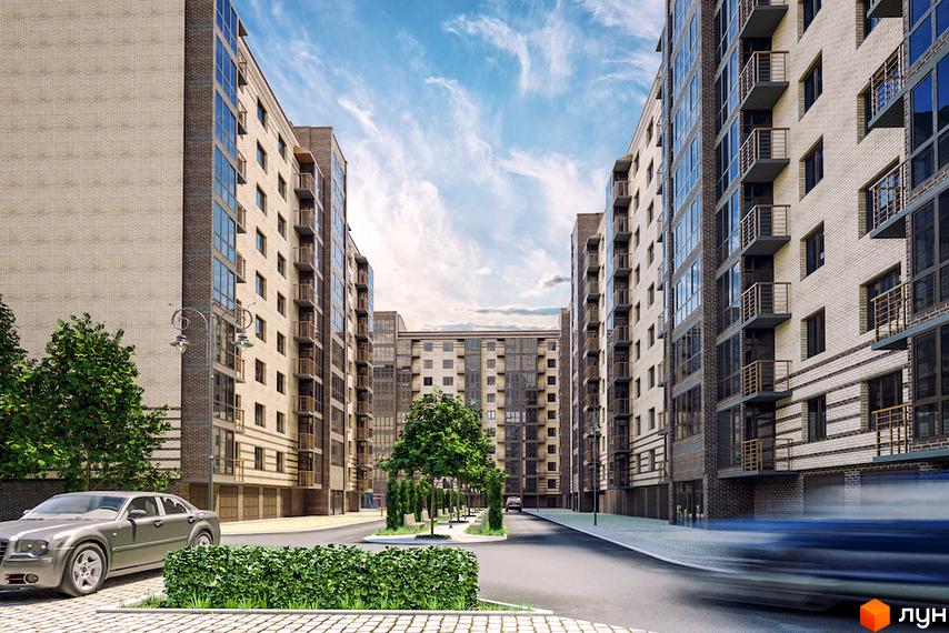 Житловий комплекс Premier. Високі будинки з балконами та великими вікнами. На території комплексу є зелені насадження та дорога.