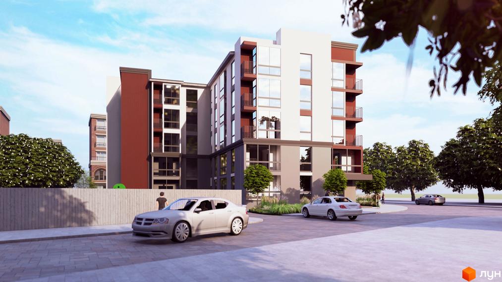 Житловий комплекс Гостомельські Липки-3 - це сучасна новобудова з фасадами білого та бордового кольорів, великими вікнами та балконами. Територія навколо будинку упорядкована, з деревами та місцями для паркування.