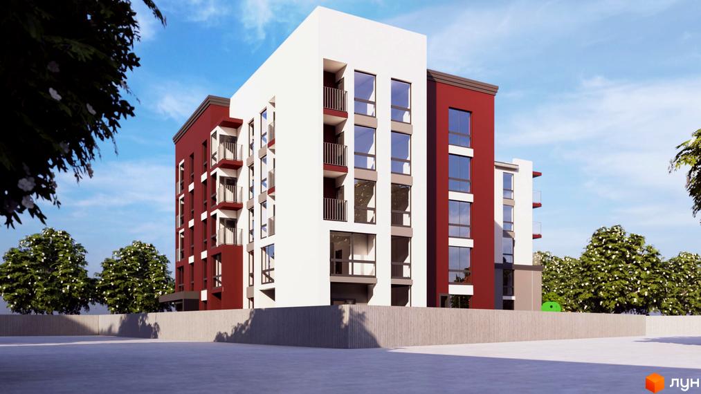 Житловий комплекс Гостомельські Липки-3 – це сучасна новобудова з червоно-білим фасадом та балконами, оточена зеленими деревами та огороджена парканом.