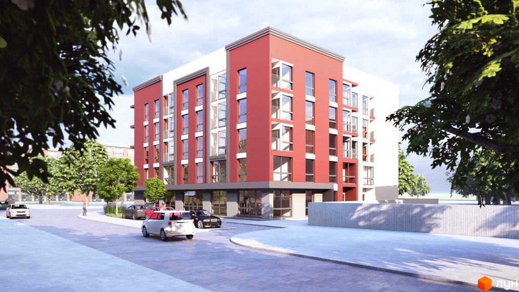 Зовнішній вигляд новобудови ЖК Гостомельські Липки-3 з червоно-білим фасадом та великими вікнами, прибудинкова територія з деревами та припаркованими автомобілями.