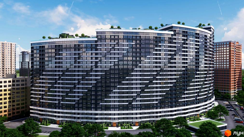 Житловий комплекс Атмосфера з панорамними вікнами та терасами. На прибудинковій території зелені насадження та парковка для автомобілів.