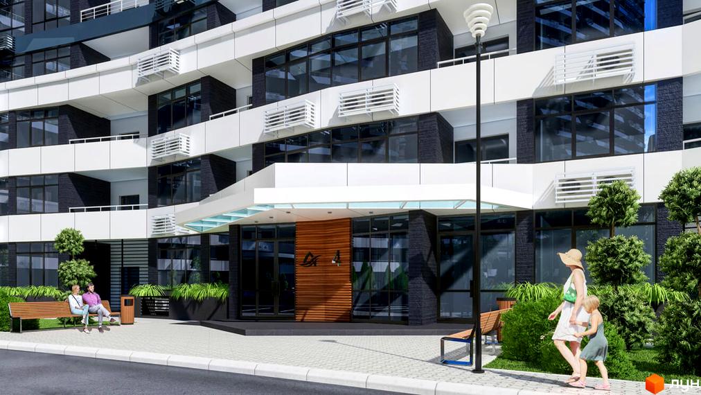 Зовнішній вигляд будівлі ЖК Атмосфера з фасадом у світлих тонах та панорамним склінням. На території облаштовані зони відпочинку та озеленення.