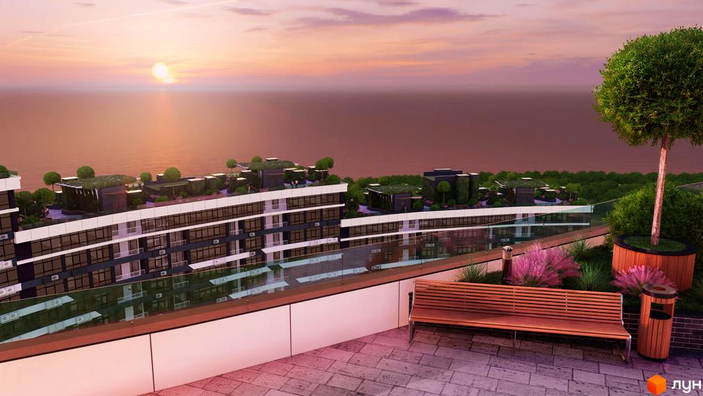 Вид на будівлі ЖК Атмосфера з тераси з лавкою, смітником та деревами. На задньому плані море та сонце.