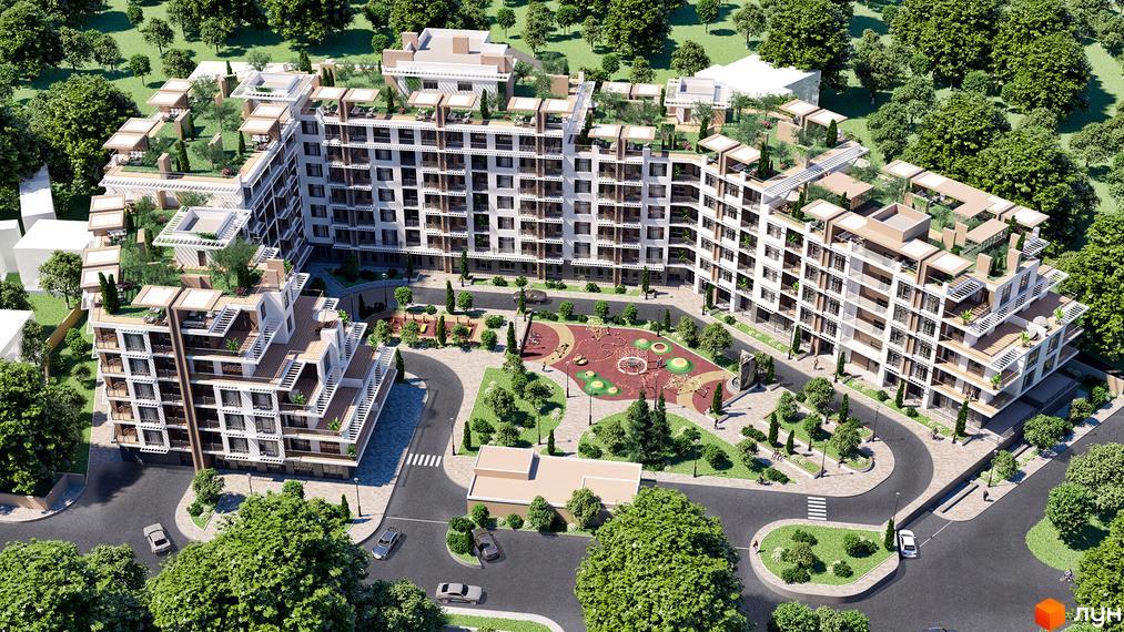 Житловий комплекс MARINIST residence з багатоповерховими будівлями світлого кольору та терасами на дахах. Прибудинкова територія включає зелені зони та дитячий майданчик.
