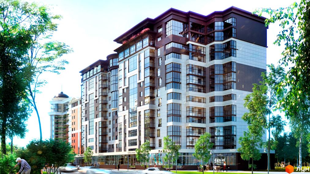 Новобудова ЖК Яровиця з панорамними вікнами та балконами, оточена деревами та зеленою зоною. На першому поверсі розташовані комерційні приміщення.