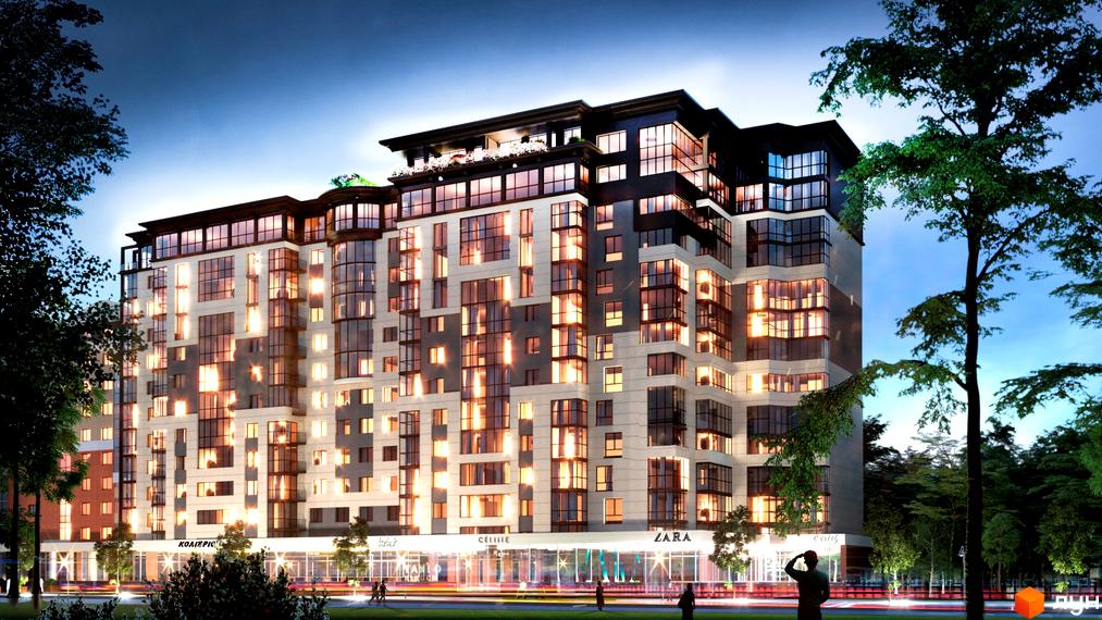 Житловий комплекс Яровиця – це сучасна новобудова з великою кількістю вікон та балконів, що виходить на зелену зону з деревами.