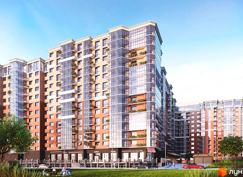 Житловий комплекс Яровиця. Сучасна новобудова з цегляним фасадом та великими вікнами, зелена прибудинкова територія з місцями для відпочинку.