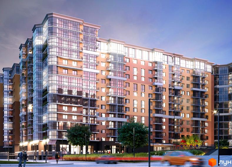 Будівельний проєкт Яровиця: багатоповерховий будинок з цегляним фасадом та панорамними вікнами. Біля будинку дерева та тротуар.