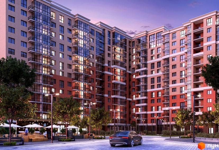 Житловий комплекс Яровиця з цегляним фасадом та великими вікнами. На прибудинковій території розташовані дерева, лавки та зона відпочинку з парасольками.