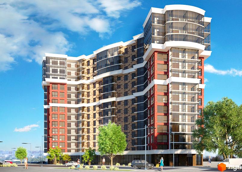 Новобудова ЖК Яровиця з цегляним та скляним фасадом, панорамними вікнами та балконами. Навколо будинку зелені дерева та міська забудова.