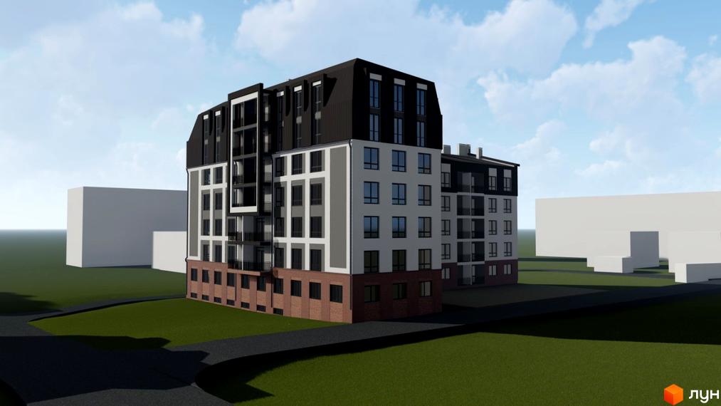 Зовнішній вигляд будинку житлового комплексу Самбір Сіті з сірими та цегляними фасадами, темним дахом та балконами. Навколо будівлі зелена галявина та доріжка.