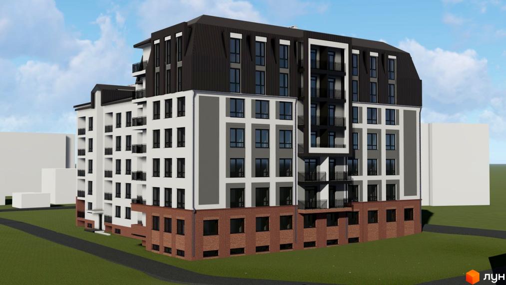 Зовнішній вигляд житлового комплексу Самбір Сіті з цегляним цоколем та балконами. Навколо комплексу зелена територія та дорога.