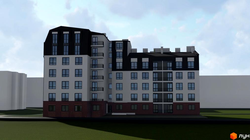 Зовнішній вигляд житлового комплексу Самбір Сіті з сірими стінами, чорним дахом та цегляним цоколем. Прибудинкова територія вкрита зеленою травою.