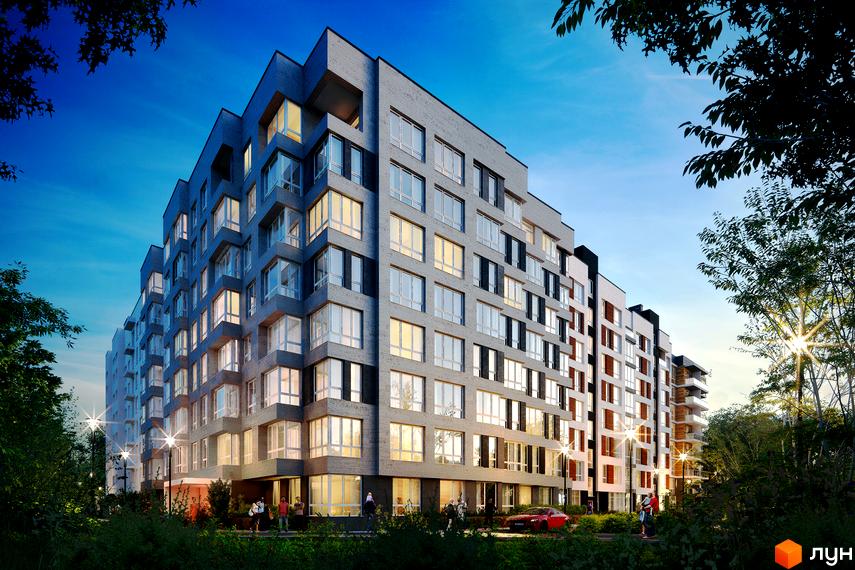 Зовнішній вигляд житлового комплексу Royal Park з сірою цегляною фасадною обробкою та великими вікнами. Навколо комплексу зелені насадження та освітлені ліхтарями алеї.