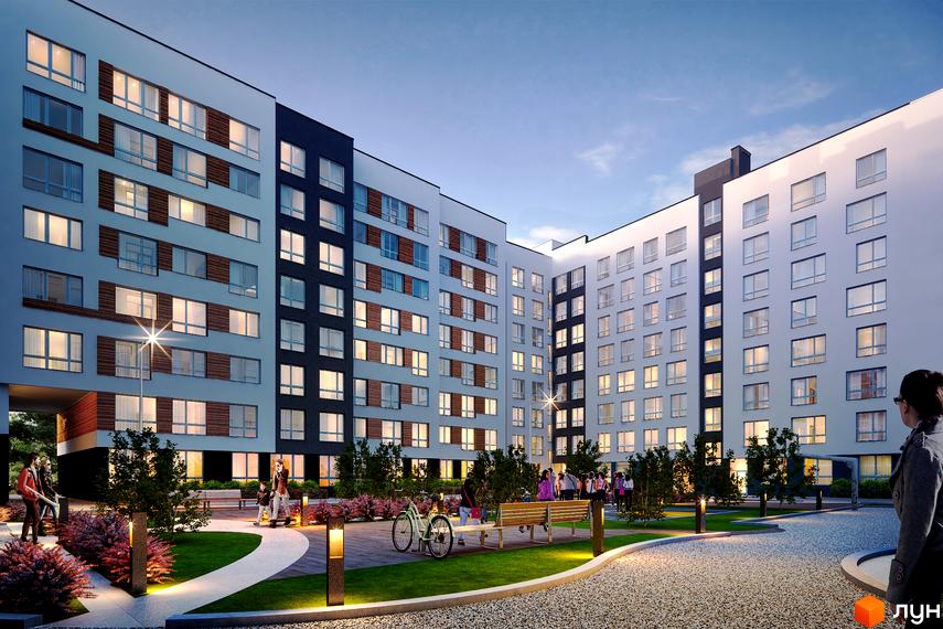 Житловий комплекс Royal Park з білими фасадами та темними акцентами. Прибудинкова територія з доріжками, лавками, деревами та освітленням.